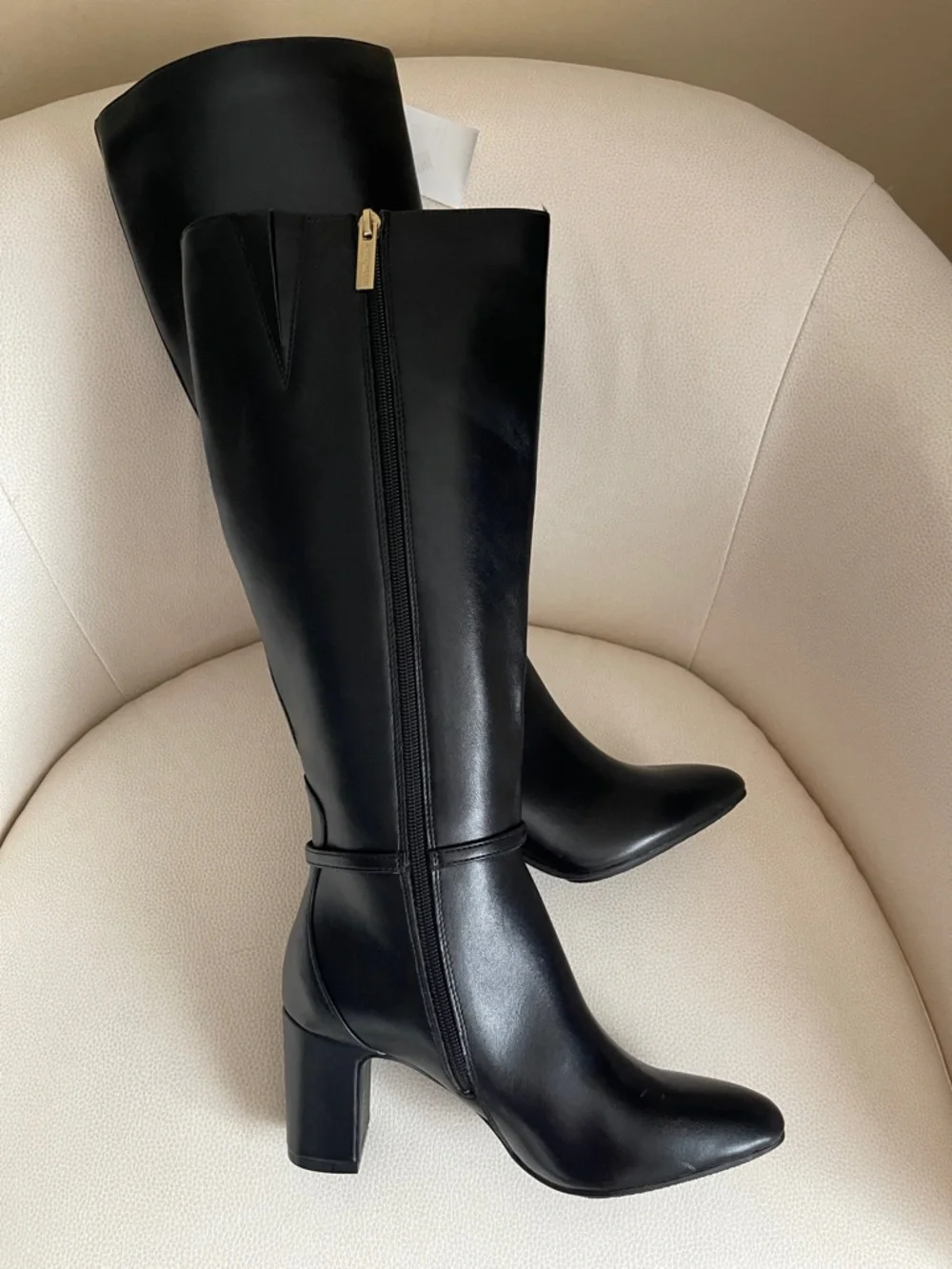 Anne Klein Black Mid-Calf Block Heel Boots with Ankle Strap - Picture 2 of 15